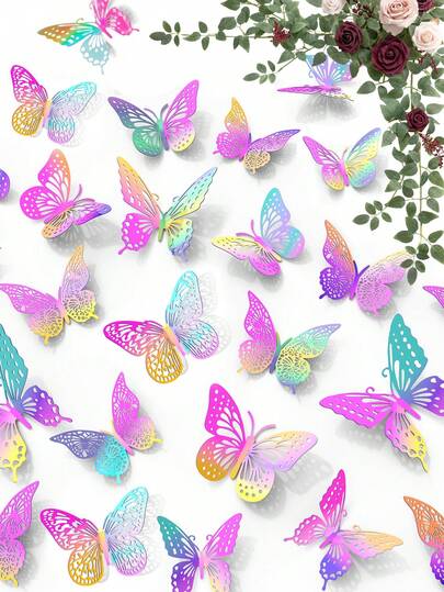 36/70 piezas Decoraciones de mariposas púrpura iridiscentes, Pegatinas de pared 3D, Estilo de lujo, Tema de mariposas, Decoración de fondo para fiesta de primavera, cumpleaños, aniversario, inauguración, fiesta