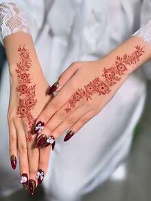 1 pieza Tatuaje temporal floral de estilo henna, resistente al agua y al sudor, apto para uso diario de moda - Rojo - Ver 3