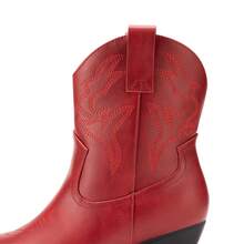 Women's Embroidered Western Booties – Low Chunky Heel Pointed Toe Cowboy Boots Short Ankle Booties Featuring Classic Stitch Detailing And A Comfortable Low Chunky Heel - 紅色 - 查看 6