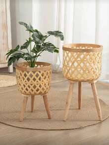 1 pieza Cesta de flores tejida estilo nórdico Ins para decoración de sala de estar, maceta de ratán, soporte de flores de balcón, cesta de mimbre - Beis - Ver 4