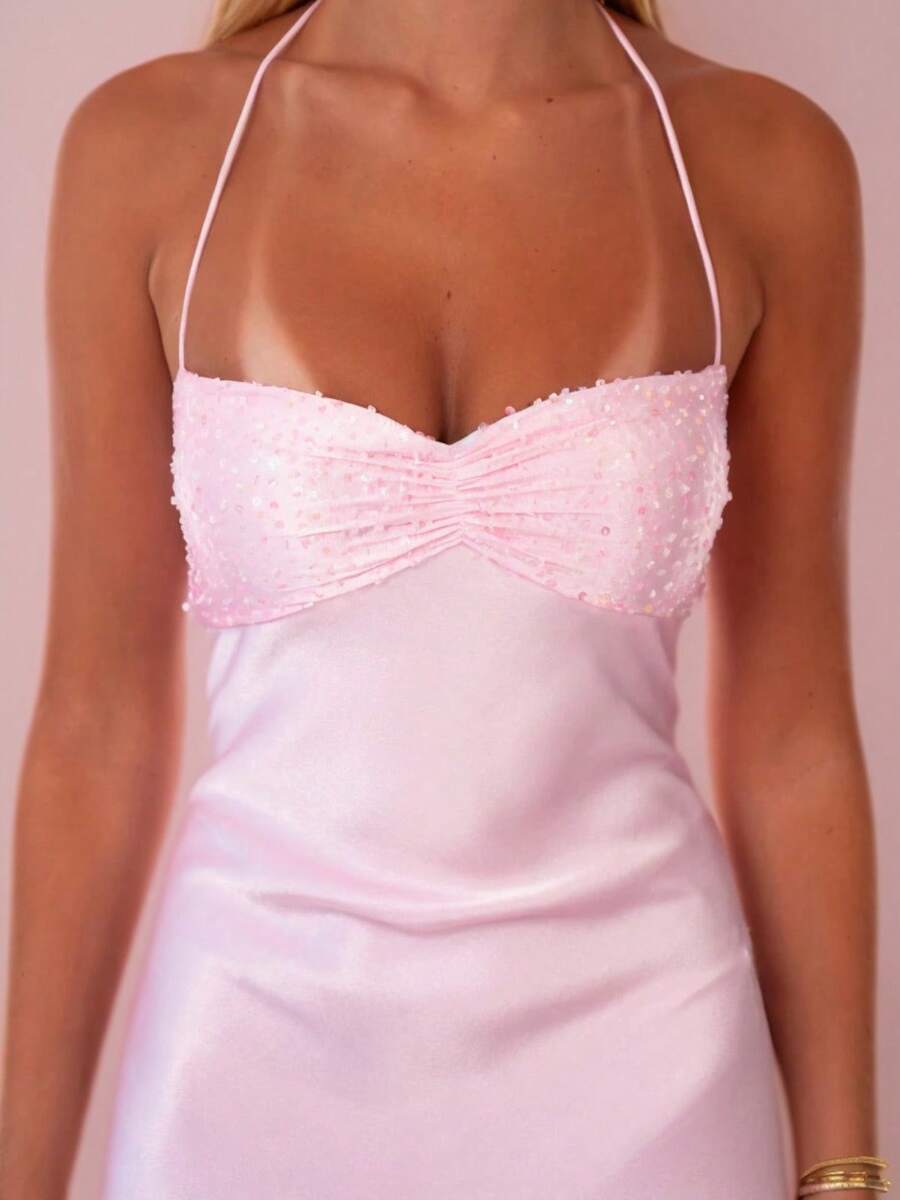 New European American Style Sexy Strapless Sequin Satin Solid Color Backless Tie Bodycon Maxi Dress - Pink - View 1