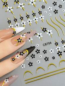 1 pieza Pegatinas de uñas con flores negras y blancas, líneas francesas metálicas doradas, y lindos dibujos de flores de cinco pétalos para decoración de manicura de primavera y verano para mujeres - Multicolor - Ver 6