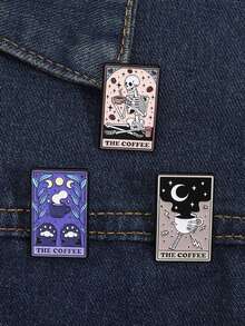 1Set Punk Gothic The Coffee Cat Tarot Enamel Pins Skeleton Drinking Coffee Brooches Lapel Badge Jewelry Gift For Friends - Multicolor - View 6