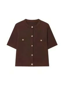 DEEKA Summer New Arrival Women Fashion Minimalist Versatile Short Sleeve Knit Top Spring - Brown 1 - View 7