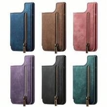 1pc Retro PU Leather Phone With Card Holder Pouch, Zip Wallet, Kickstand, Universal Desk Holder - Multicolor - View 2