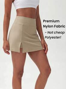 RRIVE Solid High Waisted Tennis Athleisure Skirt With Built-In Shorts A-Line Skirt Quick Dry Athletic Skort Preppy Mini Skirt For Tennis Yoga Golf Pickleball Running Summer Spring Outfits Vocation Outfits Workout Bottoms - 卡其色 - 查看 3