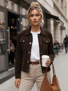 Women's Faux Suede Short Jacket, Hip-Length, Straight Cut, Lapel, Snap Closure, 100% Polyester, Side Pockets, Chest Pocket With Flap, Lightweight, No Hood, Streamlined Silhouette. - Chocolate Brown - View 2