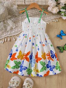 Young Girls' Butterfly Print Spaghetti Strap Bow Waist Cute Vacation Style Dress, Spring/Summer - White - View 2