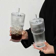 1pc High-Quality Vertical Striped Straw Lid Glass Cup - Large Capacity Glass Drinking Cup, Suitable For Coffee, Tea, Iced Americano And Latte | Home Milk Cup - Multicolor - View 12