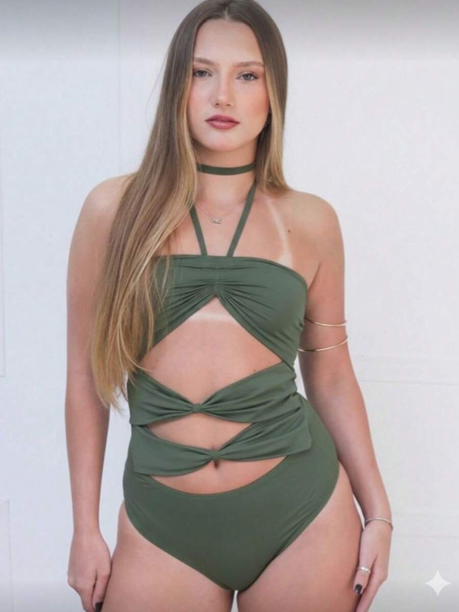 Women's Halter Neck Bodysuit With Cutouts And Tie Detail - Glamour And Sensuality - 軍綠色 - 查看 1