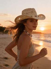 1 件波西米亚风镂空草编太阳帽，西部牛仔女郎沙滩帽，适合母亲节、复活节、度假、拍照 - 卡其色 - 查看 7