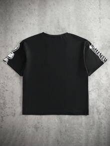 青少年男孩休闲街头风暗黑天使图案字母涂鸦独特设计短袖T恤，春夏款 - 黑色 - 查看 2