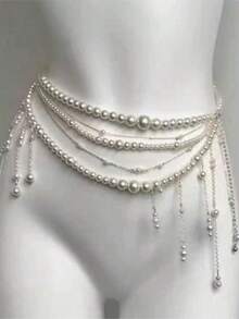 1pc Fashionable Minimalist Pearl Tassel Multi-Layer Waist Chain, Unique Elegant Chic Elegant Sexy Waist Chain, Women's Holiday Gift, Women's Party Jewelry - Multicolor - View 1
