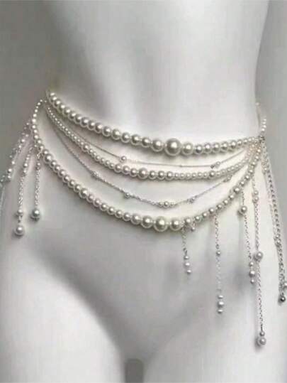 1pc Fashionable Minimalist Pearl Tassel Multi-Layer Waist Chain, Unique Elegant Chic Elegant Sexy Waist Chain, Women's Holiday Gift, Women's Party Jewelry