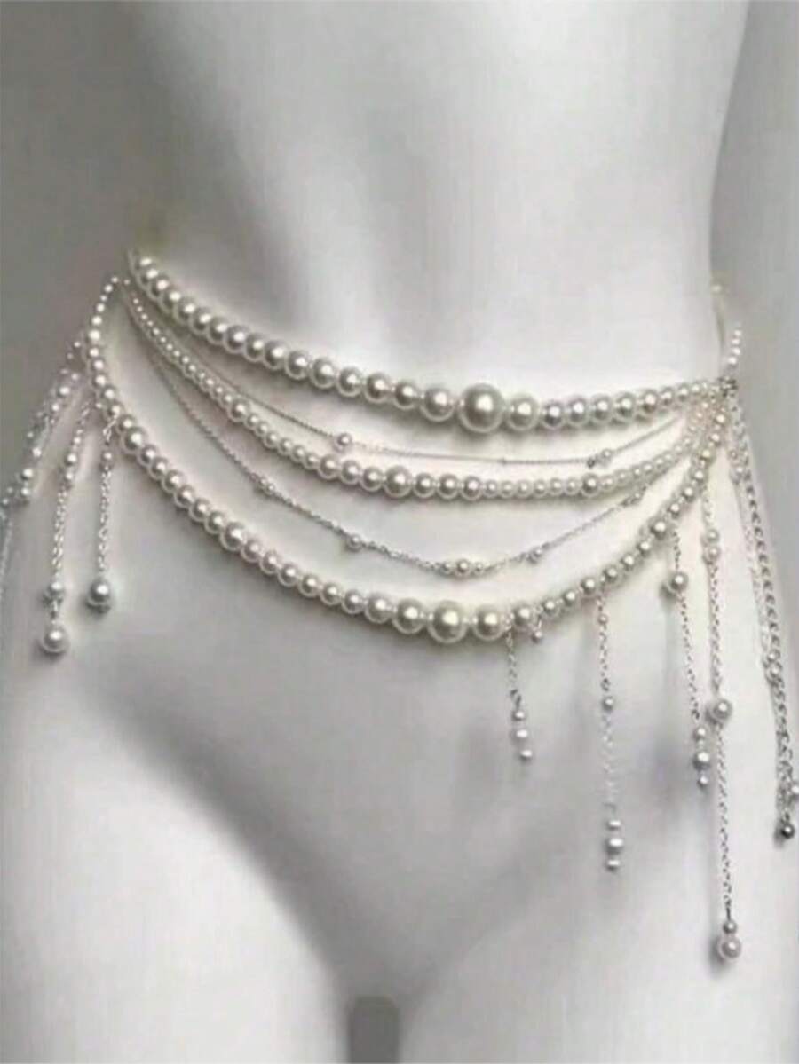 1pc Fashionable Minimalist Pearl Tassel Multi-Layer Waist Chain, Unique Elegant Chic Elegant Sexy Waist Chain, Women's Holiday Gift, Women's Party Jewelry - Multicolor - View 1