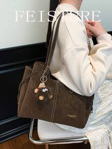 FEISTURE 1pc, PU Material Women's Commuter Tote Bag, Fashionable Shoulder Bag With Pendant, Suitable For Girls, Women, College Students, New Professionals And White-Collar Workers, Perfect For Work, Business, Commuting, School - Brown - View 8