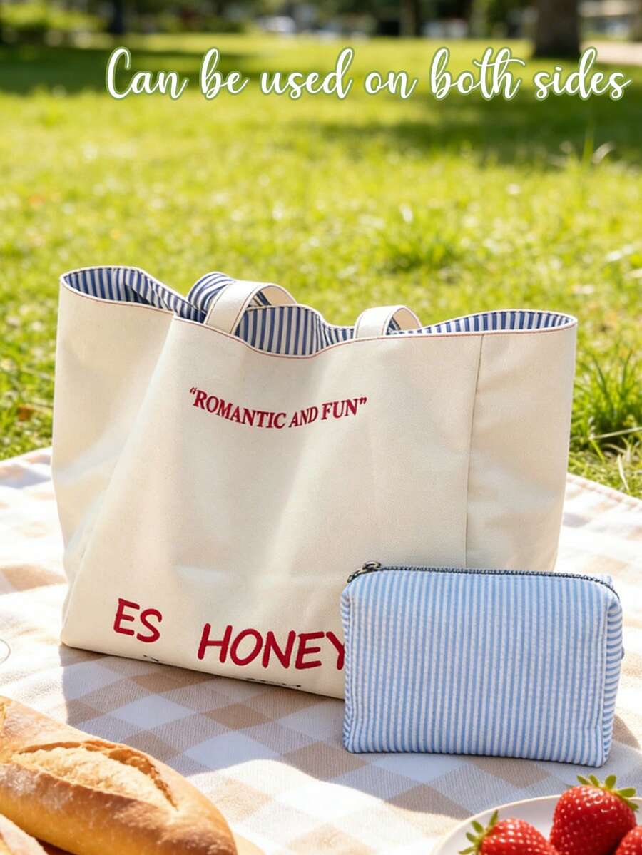 两件套双面“YES HONEY”帆布手提袋及条纹收纳袋，双面大容量沙滩包，配有同款化妆包，非常适合收纳沙滩巾、防晒霜、化妆品、手机、钱包及日常必需品，是海滩旅行、夏季度假、野餐、购物、旅游及送礼的理想之选。多功能用途，可用作沙滩包、可重复使用的手提袋、化妆品收纳包及夏季主题礼品，时尚实用，方便携带。 - 彩色 - 查看 1