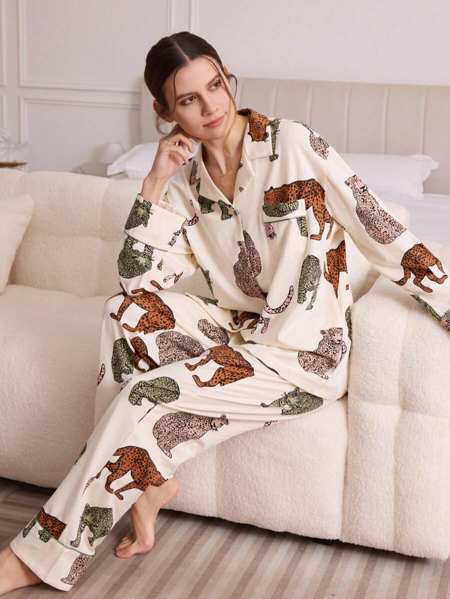 两件套女士睡衣套装，豹纹印花，时尚舒适的家居服