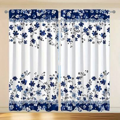 2 st blå och vita blommiga gardiner, elegant tryck, stångfickor, lämpliga för vardagsrum/sovrum, lämpliga för olika heminredningsstilar.
