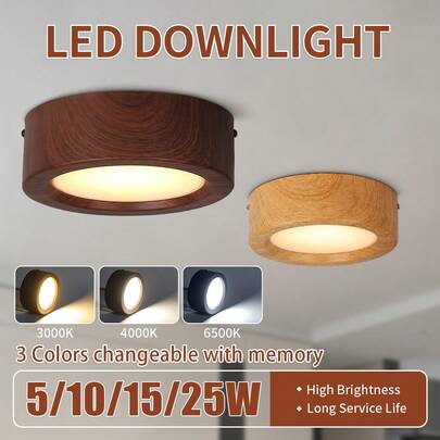CANMEIJIA 1pc LED Ceiling Light, Wood Grain Indoor Recessed Light, Walnut/Natural Wood Color, 5W/10W/15W/25W, White/Neutral/Warm Light, 3-Color Memory Function, Creating Modern Rustic Home Decor, Suitable For Bedroom, Living Room, Kitchen