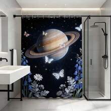 土星蓝蝴蝶浴帘，闪耀的星球上点缀着虹彩蝴蝶和风铃草，宇宙背景，防水涤纶材质，带挂钩，太空奇幻主题浴室装饰，梦幻星空风格卫生间装饰礼品 - 藍白 - 查看 12