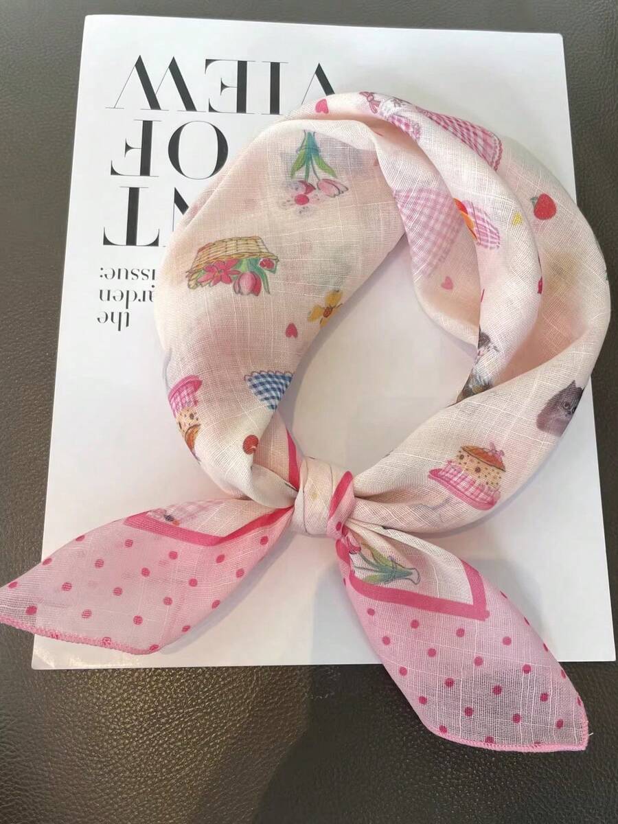 Pink Silk Scarf, Small Square Cartoon Versatile Fashion Skin-Friendly Headscarf, Decorative Neck Warmer Scarf - Pink - View 1