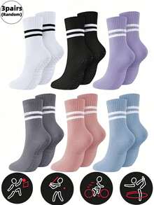 3 Pairs Unisex Sports & Yoga Mid-Calf Socks, Random Colors, Pilates Socks With Grip For Women, Non-Slip Socks Suitable For Barre, Hospital, Exercise, Slippers - Multicolor - View 2