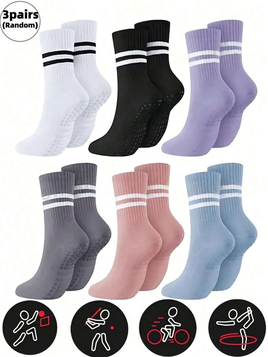 3 Pairs Unisex Sports & Yoga Mid-Calf Socks, Random Colors, Pilates Socks With Grip For Women, Non-Slip Socks Suitable For Barre, Hospital, Exercise, Slippers