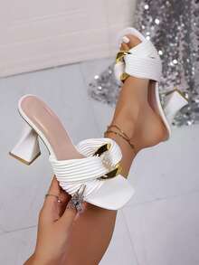 Sandalias de tacón alto de punta abierta y puntera cuadrada de alta calidad para mujer, sandalias de tacón alto sexy y de moda para damas - Blanco - Ver 5