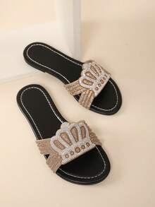 玫瑰金闪亮亮片可爱H型露趾透气镂空双色水钻星星装饰凉鞋，百搭奢华，适合婚礼、派对、聚会等场合，优雅性感可爱，简约风格，居家休闲、户外散步、海滩、浪漫约会、度假皆宜。女士平底凉鞋，适合春、夏、秋、冬四季穿着。 - 彩色 - 查看 4