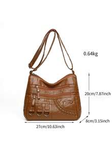 Bolso bandolera de gran capacidad versátil y portátil, accesorio de anillo de hierro remachado de PU, regalo retro para mujer - Marrón - Ver 11