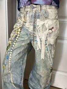 Gengyuan'S Features American Straight-Leg Jeans With AC Style, The Annual King Of Denim, 3D Illusion Print, Chain Pendant, Wash, And Vintage Long Pants - 風格 - 查看 5