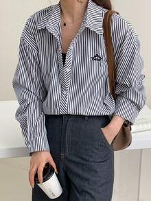 Striped Embroidery Loose Casual Versatile Long Women Shirt - Black and White - View 1