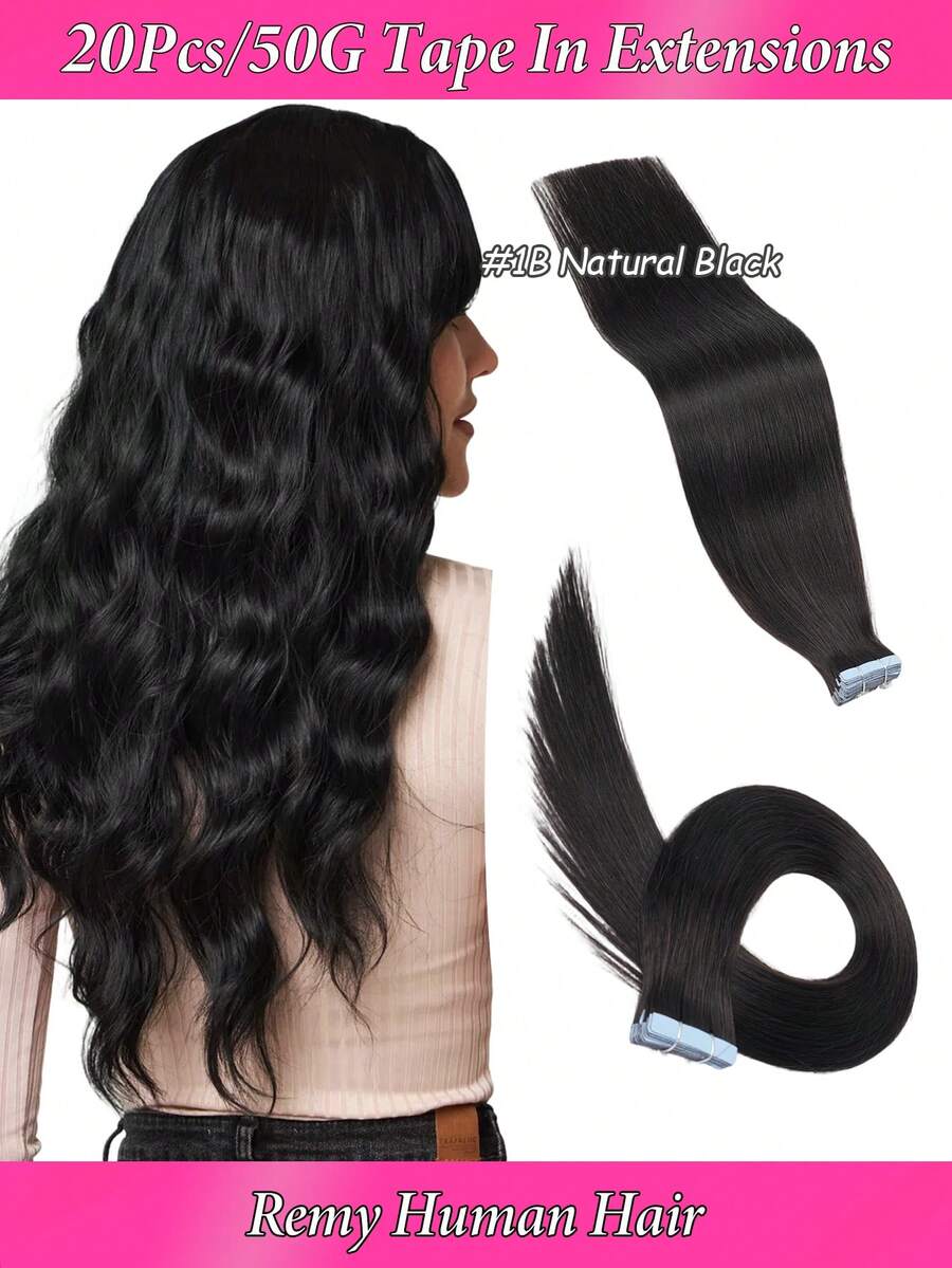 Tóc nối dạng băng dính màu đen, dài 16-24 inch, 100% tóc người Remy, thẳng mượt, không đường nối, kiểu dệt sát da, băng dính PU, 50g/gói, tóc nối dạng băng dính dành cho nữ, #1B màu đen tự nhiên