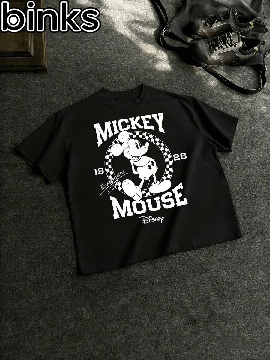 Disney Binks Mickey Mouse 1928 Retro Cartoon Printed Short Sleeved T-Shirt, A High Street  Brand Loose Short Sleeved T-Shirt. Spring And Summer Fashionable Versatile Tops, Holiday Gifts, Vintage Prints. - màu đen - Xem 1