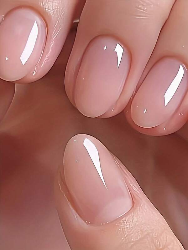 24片/套 短款椭圆形裸色亮面按压式美甲贴纸，马卡龙糖果色亚克力全覆盖假指甲，包含1片果冻胶和1个指甲锉，适合女性和女孩日常工作、学习和派对。