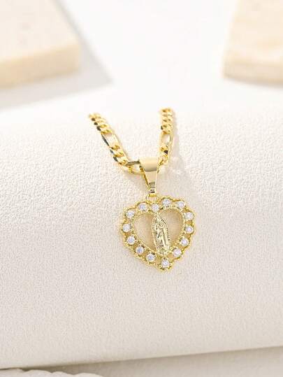 1pc Heart-Shaped Religious Design Pendant Necklace Set, Heart Pendant, Religious Pendant, Inlaid Anti-Oxidation Zirconia Pendant, Suitable For Men And Women, Suitable For Holidays And Gifts, Suitable For Decoration And Wearing