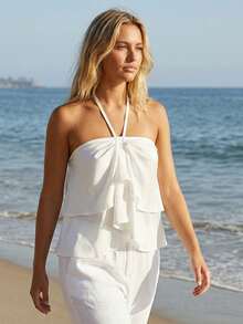 Womens Ruffle Halter Tops Summer Fashionable Spaghetti Strap Backless Going Out Vest - White - View 10