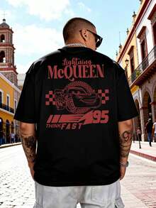 Disney Men's T-Shirt Featuring Lightning McQueen From Cars, A Casual, Loose-Fitting Crew Neck Short-Sleeved Top, Comfortable, Soft, And Breathable, Suitable For Everyday Wear, Outings, Commuting, And Parties. - Black - View 3