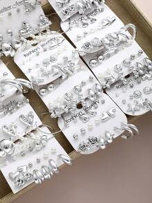 36/18件套几何不规则蝴蝶结、心形、仿珍珠耳钉和耳环套装，时尚耳环首饰，女士、情侣礼物，适合夏季、约会、派对、婚礼等场合。 - 銀色 - 查看 5