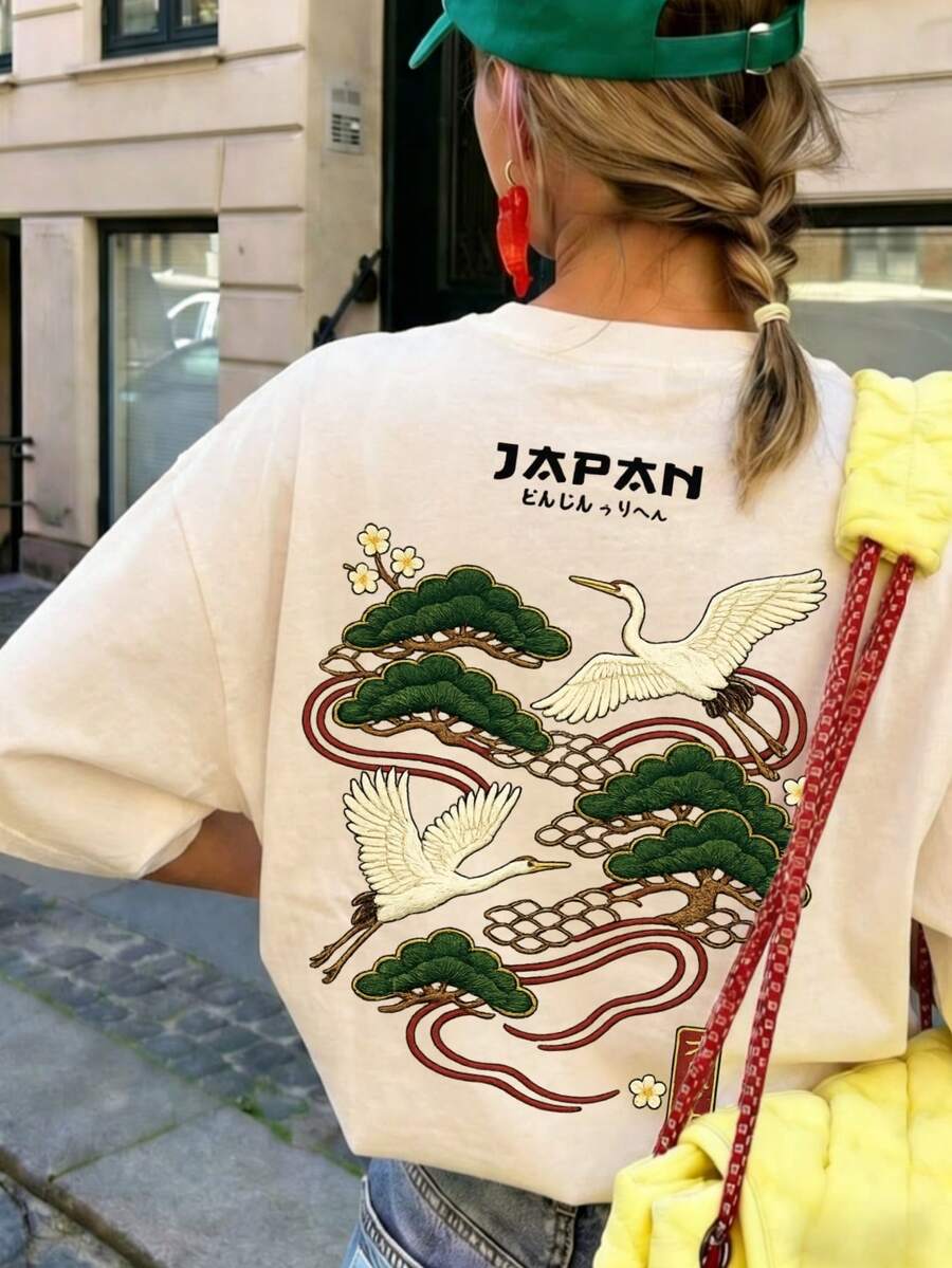 1pc Summer Round Neck Short Sleeve T-Shirt, Japanese Style Crane Spreading Wings Graphic Print Casual - Apricot - View 1