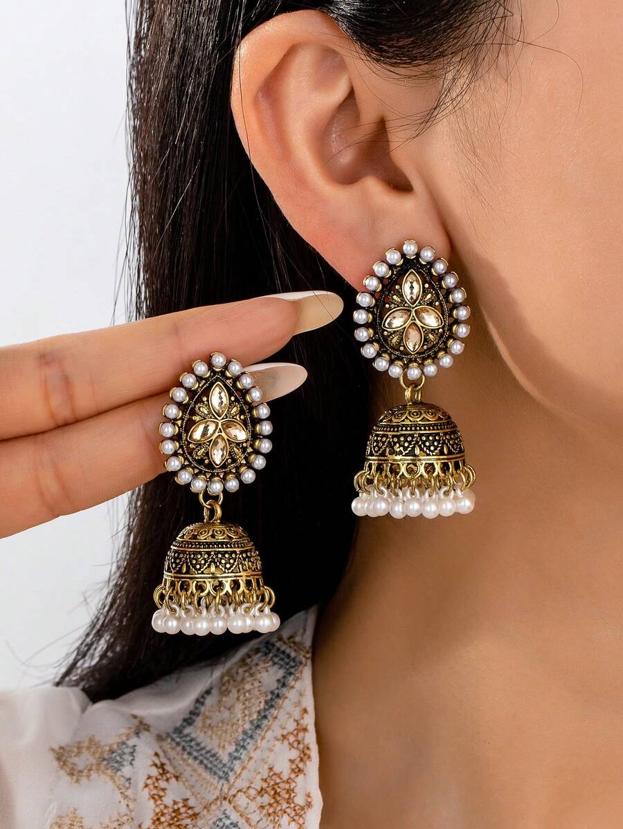 1对女士小珍珠水滴铃铛耳环，适合日常佩戴 - 金黃色 - 查看 1