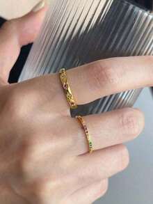2pcs Minimalist Elegant Metal Plain Rings With & Moon Colorful Cubic Zirconia, Valentine's Day Couples Accessories, Everyday Wear - Vàng - Xem 9
