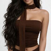 Cropped Feminino Blusa feminina elegante Top Feminino Justo Com Faixa Moda 2026 - Marrom - Visão 6