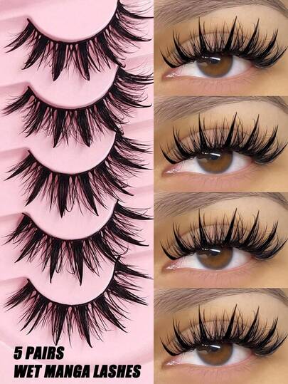  Asiteo 5 Pairs Wet Manga Lashes Cosplay Natural Wispy Fairy Cross Fluffy Eyelash Extensions Makeup Tool Strip Lashes, Lashes,Eyelashes, Fake Lashes, Suitable For Beginners,Daily Wear, Beginner-Friendly, Reusable,Eyelash Extensions,Gift For Women,Girls,Party Supplies,Wedding Gifts,For Women Daily Makeup And Work