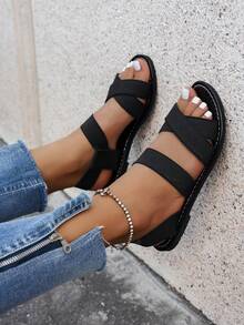 女士新款圆头套脚平底拖鞋，简约搭扣平底凉鞋，时尚简约平底凉鞋，舒适休闲旅行沙滩鞋，有白色、棕色、黑色、豹纹、花卉图案可选 - 黑色 - 查看 2