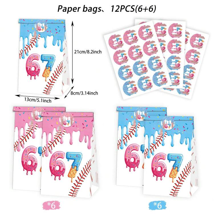 Ice Cream Baseball 67 Themed Party Packaging Food Bags, Birthday Candy Bags, Birthday Gift Favors Bags With Stickers, Ice Cream Baseball 67 Gift Bags Birthday Party Supplies Cartoon Party Favor Candy Bags - View 12