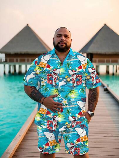 Men's Streetwear Casual Cartoon Series "Cute Beach Palm Tree Shark" Pattern Sports Shirt Set - Polyester Knit Fabric, With Drawstring Shorts, Pocket Details, Regular Fit, Suitable For Plus Size