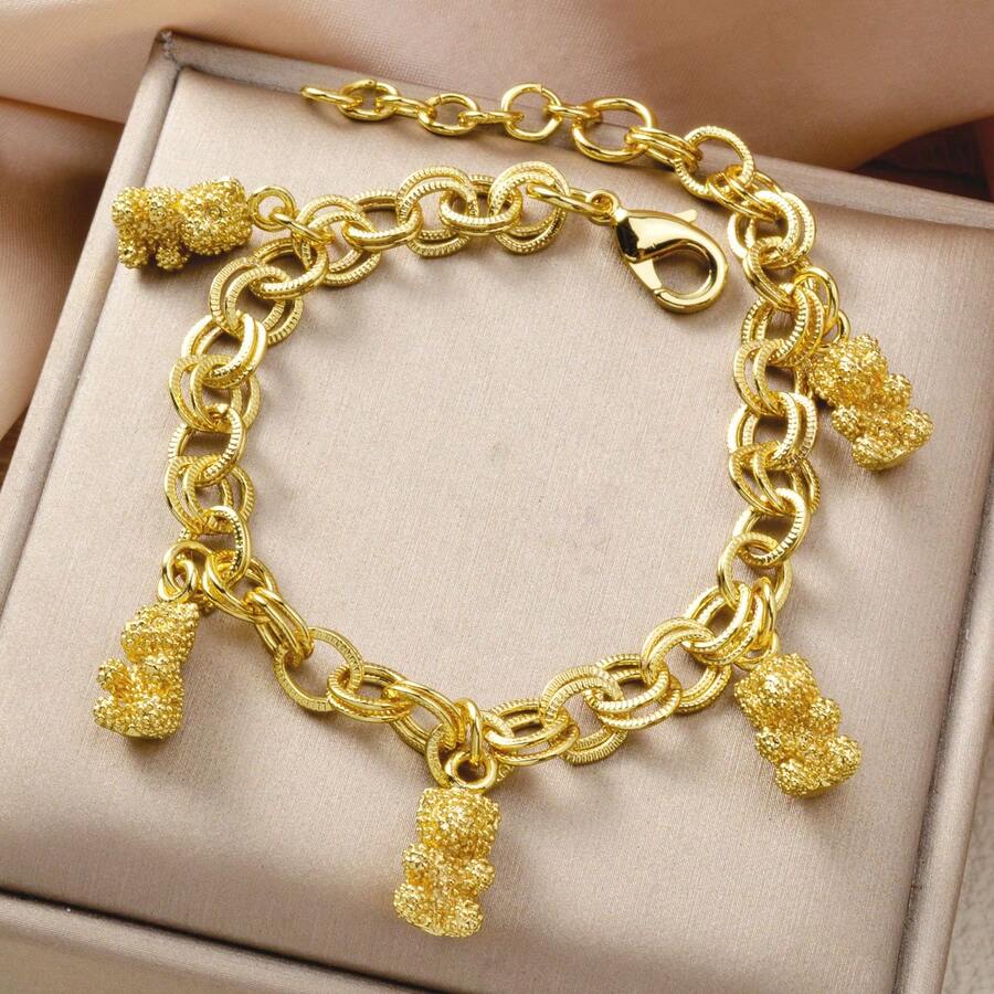 1pc 14K Gold Plated Cute Bear Charm Bracelet, Fashionable Daily, Party, Holiday Wear For Women - Gold - View 1
