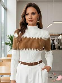 Women's Long-Sleeved Knit Sweater With Two-Tone Detail, High Neck, Winter Fashion - 白色/焦糖色 - 查看 1